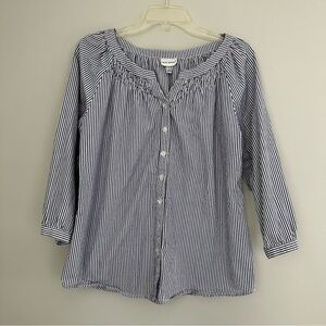 Harvé Benard Pinstripe Blue and White Puffed Shoulder Button Blouse